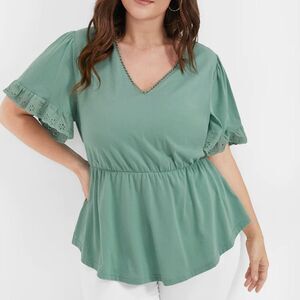 Bloomchic Top Womens Plus 4X 26 green Short sleeve Peplum V‎ neck Blouse